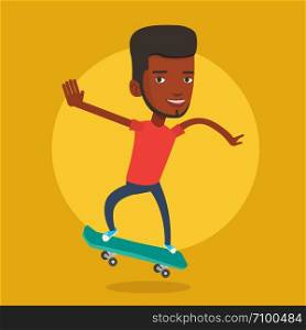 Smiling african-american man riding a skateboard. Happy sportswoman skateboarding. Young skater riding a skateboard. Sportsman jumping with skateboard. Vector flat design illustration. Square layout.. Man riding skateboard vector illustration.