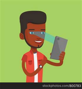 Smiling african-american man using smart mobile phone with retina scanner. Young happy man using iris scanner to unlock his mobile phone. Vector flat design illustration. Square layout.. Man using iris scanner to unlock mobile phone.