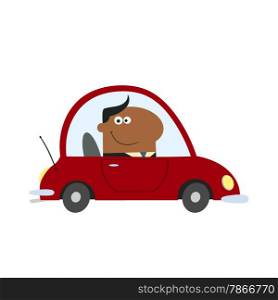 Smiling African American Manager Driving Car To Work In Modern Flat Design Illustration Isolated on white