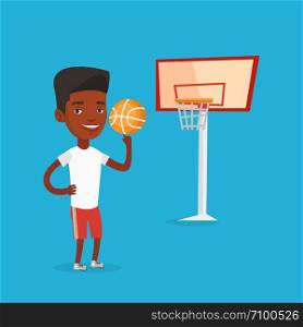 Smiling african-american sportsman spinning basketball ball on his finger. Young basketball player standing on the court. Basketball player in action. Vector flat design illustration. Square layout.. Young basketball player spinning ball.