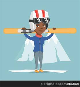 Smiling african-american sportswoman holdong skis on her shoulders on the background of snow capped mountain. Young sportswoman skiing. Vector cartoon illustration. Square layout.. Young african-american sportswoman holding skis.