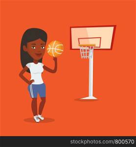 Smiling african-american sportswoman spinning basketball ball on her finger. Young basketball player standing on the court. Basketball player in action. Vector flat design illustration. Square layout.. Young basketball player spinning ball.