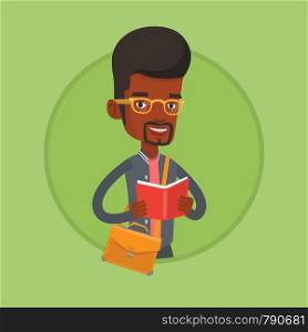 Smiling african-american student reading a book. Student reading book and preparing for exam. Student standing with book in hands. Vector flat design illustration in the circle isolated on background.. Student reading book vector illustration.