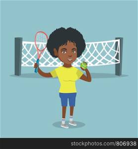 Smiling african-american tennis player standing on the background of tennis net and holding a racket and a ball. Young cheerful sportswoman playing tennis. Vector cartoon illustration. Square layout.. African tennis player holding racket and ball.