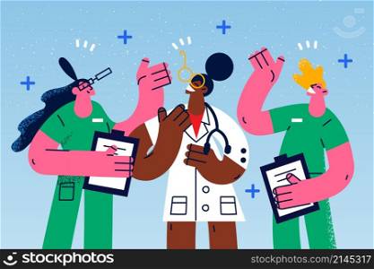 Smiling African American woman doctor with diverse nurses help patients in hospital. Happy ethnic female GP and medical workers with medical cards or journals. Healthcare. Vector illustration. . Happy diverse medical workers with patient medical cards