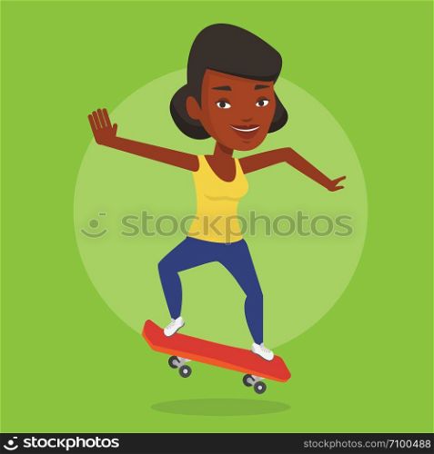 Smiling african-american woman riding a skateboard. Sportswoman skateboarding. Young skater riding a skateboard. Sportswoman jumping with skateboard. Vector flat design illustration. Square layout.. Woman riding skateboard vector illustration.
