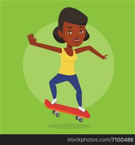 Smiling african-american woman riding a skateboard. Sportswoman skateboarding. Young skater riding a skateboard. Sportswoman jumping with skateboard. Vector flat design illustration. Square layout.. Woman riding skateboard vector illustration.