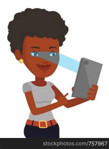 Smiling african-american woman using smart mobile phone with retina scanner. Young woman using iris scanner to unlock her mobile phone. Vector flat design illustration isolated on white background.. Woman using iris scanner to unlock mobile phone.
