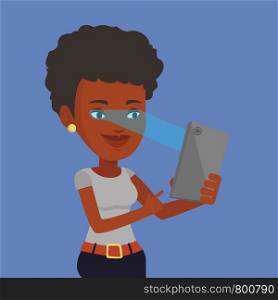 Smiling african-american woman using smart mobile phone with retina scanner. Young happy woman using iris scanner to unlock her mobile phone. Vector flat design illustration. Square layout.. Woman using iris scanner to unlock mobile phone.