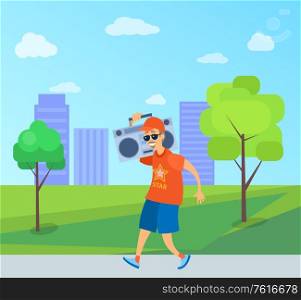 Smiling aged man going with record player in urban park, portrait view of elderly person wearing star t-shirt and glasses holding sound equipment vector. Aged Man Going with Record Player in Park Vector