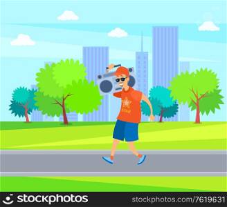 Smiling aged man going with record player in urban park, portrait view of elderly person wearing star t-shirt and glasses holding sound equipment vector. Aged Man Going with Record Player in Park Vector