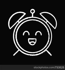 Smiling alarm clock chalk icon. Good morning. Happy morning. Emoji, emoticon. Isolated vector chalkboard illustration. Smiling alarm clock chalk icon