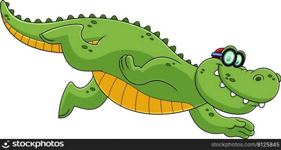 Smiling Alligator Or Crocodile Cartoon Character Swimming. Vector Hand Drawn Illustration Isolated On White Background