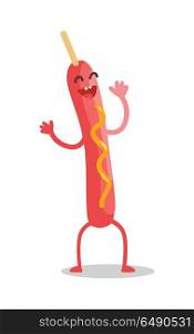 Smiling and dancing sausage on stick with mustard vector. Flat design. Funny cartoon of fast food dish. For restaurant menu illustrating, diet concepts. Fried light snack. Isolated on white background. Sausage on Stick with Mustard Vector Illustration. Sausage on Stick with Mustard Vector Illustration