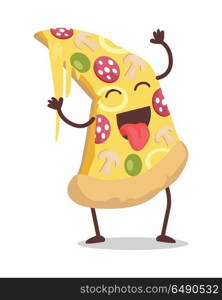 Smiling and dancing slice of pizza vector. Flat design. Funny cartoon of fast food dish. For restaurant menu illustrating, food concepts, diet infographics. Tasty classic snack. On white background. Slice of Pizza Vector Illustration in Flat Design. Slice of Pizza Vector Illustration in Flat Design