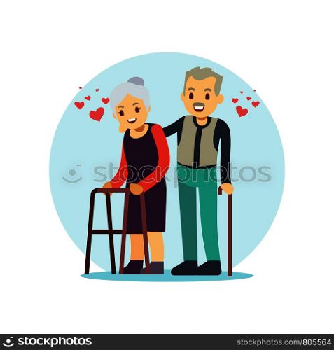 Smiling and happy old couple. Elderly family in love cartoon character isolated on white. Vector illustration. Smiling and happy old couple. Elderly family in love cartoon character