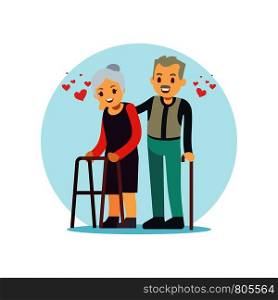 Smiling and happy old couple. Elderly family in love cartoon character isolated on white. Vector illustration. Smiling and happy old couple. Elderly family in love cartoon character