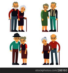 Smiling and happy old couples. Elderly families cartoon characters vector set. Grandfather and grandmother couple, woman and man elderly illustration. Smiling and happy old couples. Elderly families cartoon characters vector set