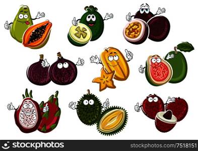 Smiling and happy tropical cartoon fruits with hands. Vegetarian lychee or rambutan with seed, cutted guava and fresh fig, juicy pitaya and smelly durian, ripe feijoa and raw maracuja, organic carambola. Smiling and happy cartoon fruits with hands