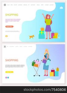 Smiling and walking girl with purchases. Woman with dog holding packages and lady with riding trolleys full of goods. Illustration of doing shopping vector. Smiling and Walking Girl with Purchases Vector