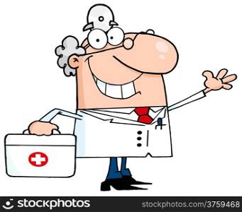 Smiling And Waving Male Doctor With A First Aid Kit