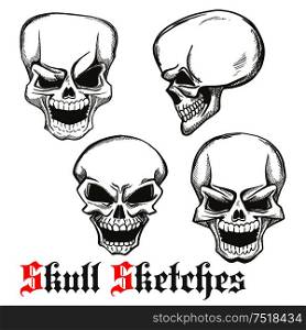 Smiling and winking skulls sketches of human skeleton heads with evil laughing grins. Use as tattoo or Halloween mascot design. Laughing skulls sketches for tattoo design