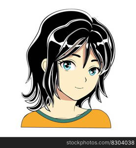 Smiling anime girl with black hair and blue eyes portrait, avatar design.