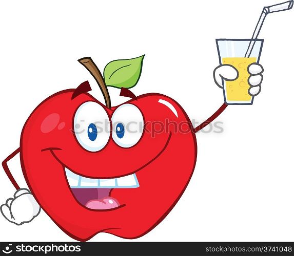 Smiling Apple Cartoon Character Holding A Glass With Drink
