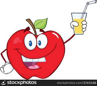 Smiling Apple Cartoon Character Holding A Glass With Drink