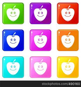 Smiling apple icons of 9 color set isolated vector illustration. Smiling apple set 9
