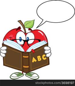 Smiling Apple Teacher Character Reading A Book With Speech Bubble
