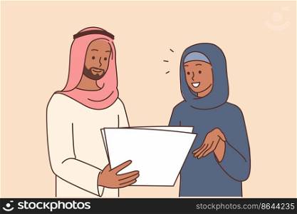 Smiling Arabic businesspeople in traditional clothes discussing paperwork. Happy muslim employees brainstorm about document. Vector illustration. . Smiling Arabic businesspeople discuss paperwork 