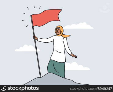 Smiling Arabic woman in hijab reach mountain peak put red flag on top. Successful arab female reach goal or aim. Success and victory. Vector illustration. . Arabic woman put red flag on mountain peak 