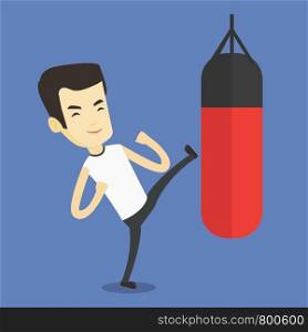 Smiling asian boxer man exercising with boxing bag. Kickbox fighter hitting heavy bag during training. Male boxer training with the punch bag. Vector flat design illustration. Square layout.. Man exercising with punching bag.