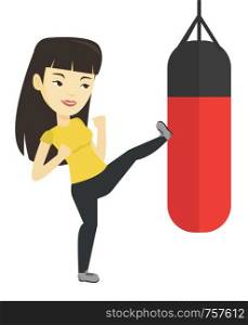 Smiling asian boxer woman exercising with boxing bag. Kickbox fighter hitting heavy bag during training. Boxer training with the punch bag. Vector flat design illustration isolated on white background. Woman exercising with punching bag.