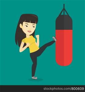 Smiling asian boxer woman exercising with boxing bag. Kickbox fighter hitting heavy bag during training. Female boxer training with the punch bag. Vector flat design illustration. Square layout.. Woman exercising with punching bag.