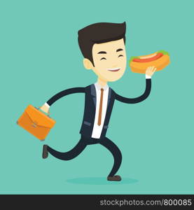 Smiling asian business man in a hurry eating hot dog. Business man with briefcase eating on the run. Young business man running and eating hot dog. Vector flat design illustration. Square layout.. Business man eating hot dog vector illustration.