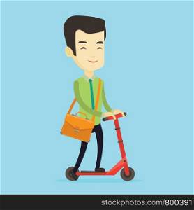Smiling asian business man in suit riding a kick scooter. Business man with briefcase riding to work on a kick scooter. Business man on a kick scooter. Vector flat design illustration. Square layout.. Man riding kick scooter vector illustration.