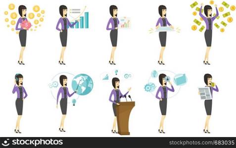 Smiling asian business woman holding piggy bank with dollar sign. Full length of young business woman with piggy bank in hands. Set of vector flat design illustrations isolated on white background.. Vector set of illustrations with business people.