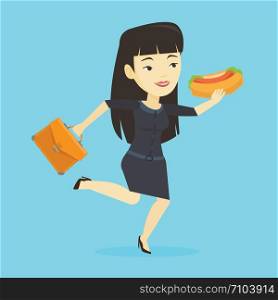 Smiling asian business woman in a hurry eating hot dog. Business woman with briefcase eating on the run. Young business woman running and eating hot dog. Vector flat design illustration. Square layout. Business woman eating hot dog vector illustration.