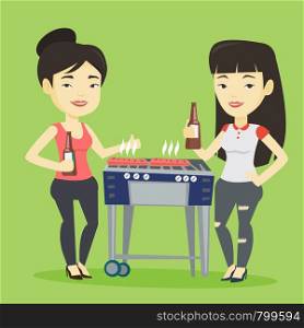 Smiling asian female friends having a barbecue party. Friends preparing barbecue and drinking beer. Group of friends having fun at a barbecue party. Vector flat design illustration. Square layout.. Asian friends having fun at barbecue party.