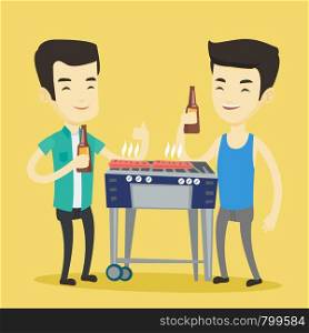 Smiling asian male friends having a barbecue party. Friends preparing barbecue and drinking beer. Group of friends having fun at a barbecue party. Vector flat design illustration. Square layout.. Asian friends having fun at barbecue party.