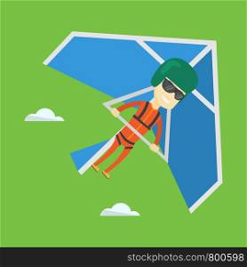 Smiling asian man flying on hang-glider. Sportsman taking part in hang gliding competitions. Man having fun while gliding on delta-plane in the sky. Vector flat design illustration. Square layout.. Man flying on hang-glider vector illustration.