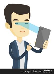 Smiling asian man using smart mobile phone with retina scanner. Young happy man using iris scanner to unlock his mobile phone. Vector flat design illustration isolated on white background.. Man using iris scanner to unlock mobile phone.