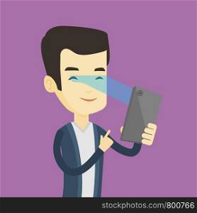 Smiling asian man using smart mobile phone with retina scanner. Young happy man using iris scanner to unlock his mobile phone. Vector flat design illustration. Square layout.. Man using iris scanner to unlock mobile phone.
