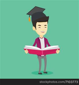 Smiling asian student in graduation cap reading a book. Graduate standing with a big open book in hands. Man holding a book. Concept of education. Vector flat design illustration. Square layout.. Graduate with book in hands vector illustration.
