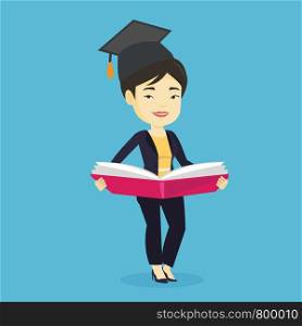 Smiling asian student in graduation cap reading a book. Graduate standing with a big open book in hands. Woman holding a book. Concept of education. Vector flat design illustration. Square layout.. Graduate with book in hands vector illustration.