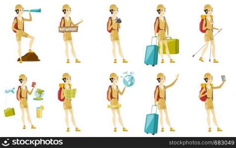 Smiling asian traveler with spyglass. Full length of young traveler with spyglass. Cheerful traveler looking through a spyglass. Set of vector flat design illustrations isolated on white background.. Vector set with traveler characters.