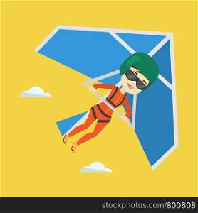 Smiling asian woman flying on hang-glider. Sportswoman taking part in hang gliding competitions. Woman having fun while gliding on delta-plane in sky. Vector flat design illustration. Square layout.. Woman flying on hang-glider vector illustration.