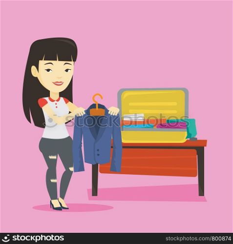 Smiling asian woman putting a jacket into a suitcase. Young business woman packing her clothes in an opened suitcase. Woman preparing for vacation. Vector flat design illustration. Square layout.. Young woman packing suitcase vector illustration